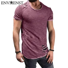 Env Мужская футболка из хлопка, винтажная Мужская футболка с дырками в стиле хип-хоп, Мужская модная повседневная футболка, Мужская промытая одежда