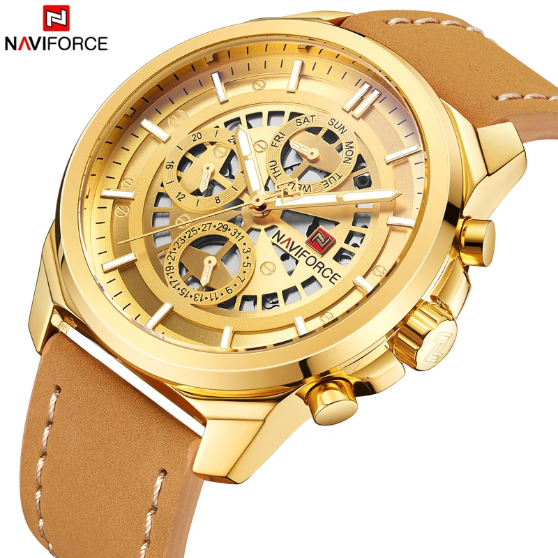 NAVIFORCE Top Luxury Brand Sport Analog Quartz Wrist Watch Fashion Leather Golden Male Clock Luxury Men Watch Relogio Masculino NAVIFORCE Top Luxury Brand Sport Analog Quartz Wrist Watch Fashion Leather Golden Male Clock Luxury Men Watch Relogio Masculino