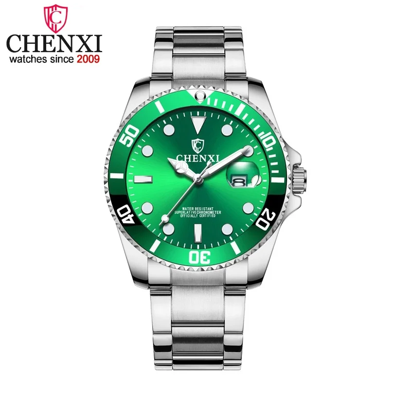 CHENXI New Top Brand Men Watches Men's Full Steel Waterproof Casual Quartz Date Clock Male Wrist watch Relogio Masculino - Цвет: Silver Green