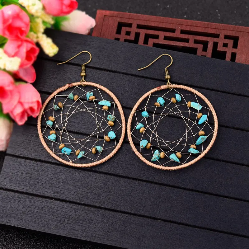 

TopHanqi Bohemian Dream Catcher Earrings For Women Handmade Vintage Round Circle Bronze Drop Earring female Indian Jewelry 2018