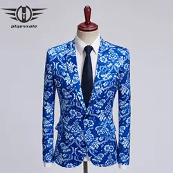 Plyesxale синий Цветочный Принт блейзер Для мужчин Slim Fit Повседневное пиджаки 5XL элегантный Для мужчин s свадебные Блейзер Марка сценический