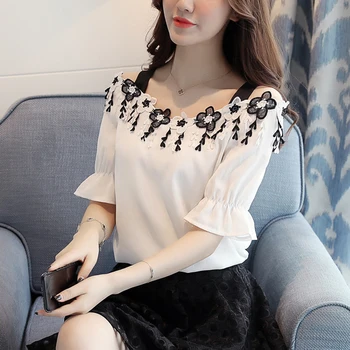 

Summer New Fashion Slash Neck Women's Shirt Blusas Sweet Chiffon Camisa Feminina Temperament Embroidery Camisa Feminina