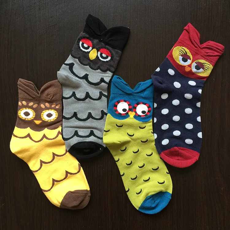 KHKF Women Socks Owl Cartoon Cute Eyes Animal 3D Painting Print Section