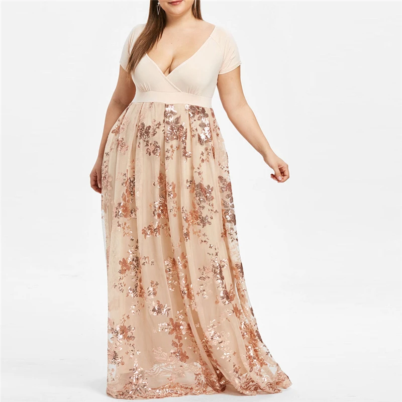 

Womail 2019 Summer New Dresses Women's Large Size V-neck Short-sleeved Flower Sequined Mesh Dress Party Dress Dropship Apr9