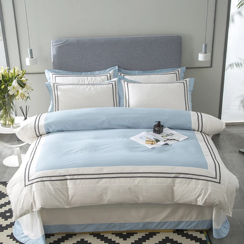 

100%Cotton blue white hotel style king queen size Beddings set Bed/fit sheets linen set bed cover duvet cover set pillowcase