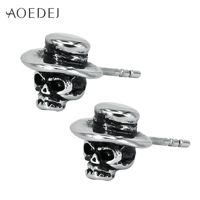 Aoedej Hat Silver Color Skull Earrings Stainless Steel Punk Cool Men Aoedej Hat Silver Color Skull Earrings Stainless Steel Punk Cool Men Biker Ear Studs For