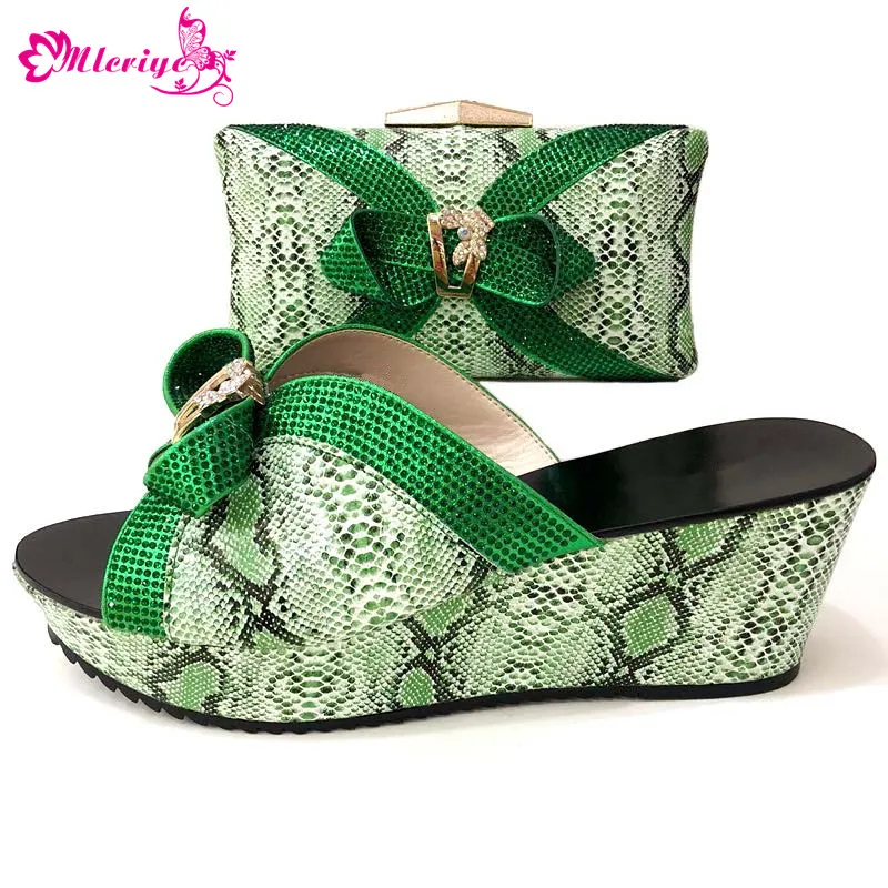 

Green Slip On 11cm Pumps African shoes and bag set for party With Colorful Appliques Crystal Italian shoes with matching bag