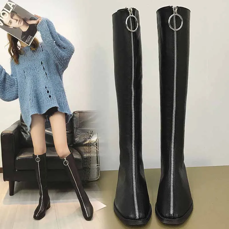 

2018 Winter new style riding boots joker front zipper high knight boots slim knee-high warm plush linings