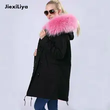 2016 Новая Мода Натуральный Мех Парки Для Девочек Зима Большой Мех енота С Капюшоном Длинное Пальто Теплый Мех Енота Лайнер Утолщение куртки
