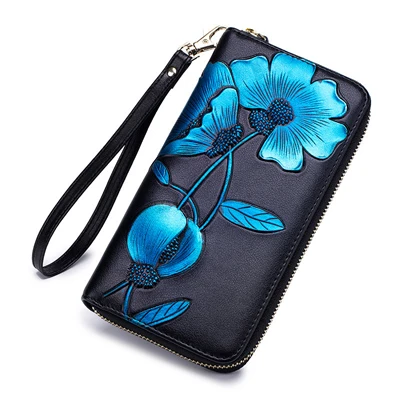 Weduoduo Для женщин кошельки из натуральной кожи высокое качество длинный дизайн клатч прямоугольной формы из воловьей кожи Высокое качество Модный женский кошелек - Цвет: Blue flower