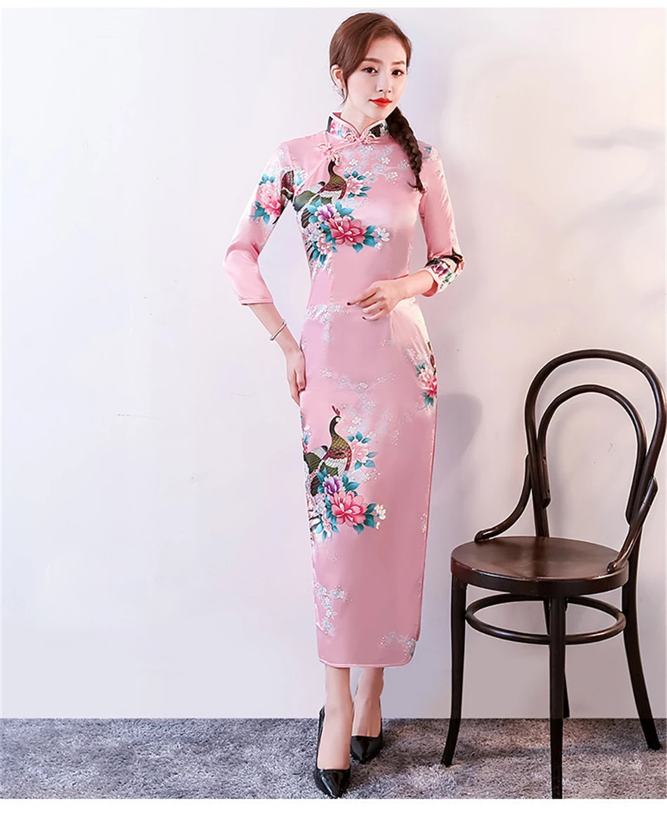Традиционное китайское Ципао платье для женщин атласное Павлин длинное китайское платье-Ципао с рукавами платья для вечеринки свадьбы одежда для взрослых S-6XL