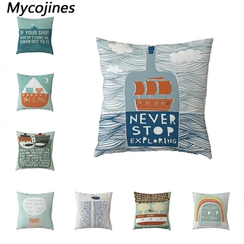 

Cartoon Ocean Cushion Cover Polyester Peach Skin Fish School Boat Rainbow Letter Print Car Seat Home Bedroom Sofa Pillowcase
