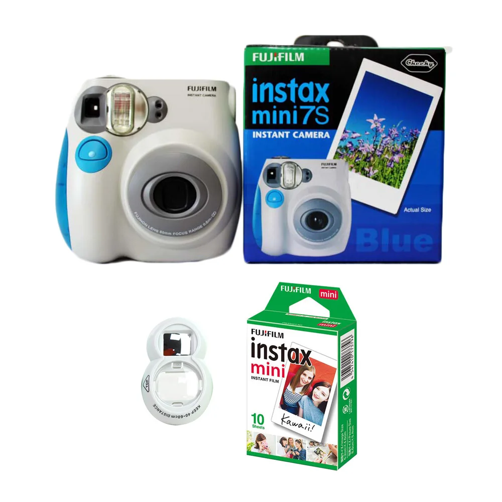 Ceny 100% autentyczna kamera fotograficzna Fujifilm Instax Mini 7 s, z 10 arkuszami fuji Instax Mini biała folia i obiektyw Selfie