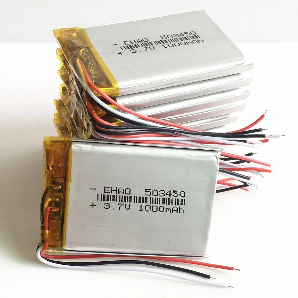

Lot 10 pcs 3.7V 1000mAh 503450 Lithium Polymer LiPo Rechargeable Battery with 3 wires For Mp3 DVD PAD camera recorder 5*34*50