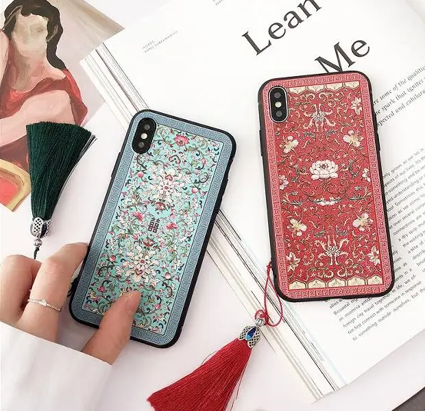 

Wixcen Vintage Chinese Style Floral Phone Case for Iphone 6 6s 7 8 Plus X Red Blue Soft Tpu Tassel Case Colorful Back Cover