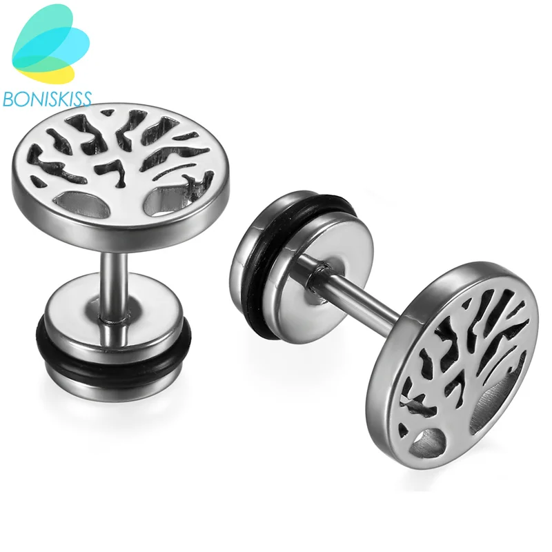 Boniskiss 316L Stainless Steel Earrings Round Stud Earrings For Men Women Gothic Silver Tree of Life Earrings Brinco Masculino