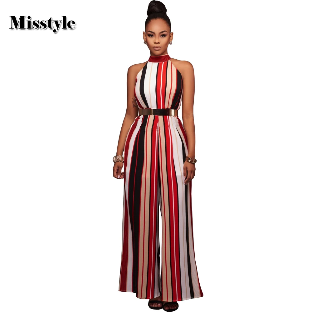 Misstyle Halter Vertical Striped Jumpsuit Sexy Women Sleeveless Lace up