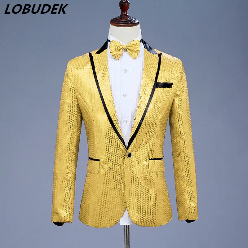 Золото Блейзер Куртки и пиджаки для певица танцор звезды производительность Пром вечерние пайетки пальто мужской тонкий торжественное