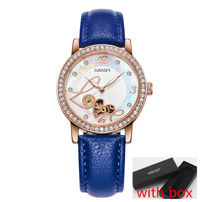 Модные женские автоматические механические часы oubaoer, подарок, кожаный ремешок, бриллианты, женское платье, наручные часы - Цвет: rose blue 005B box