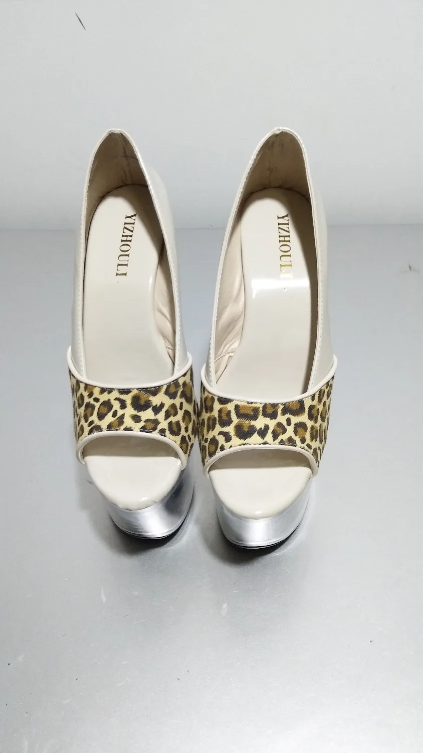 Sexy leopard print material high heels, thick sole 17cm thin heels long strip crystal head waterproof platform, stage shoes