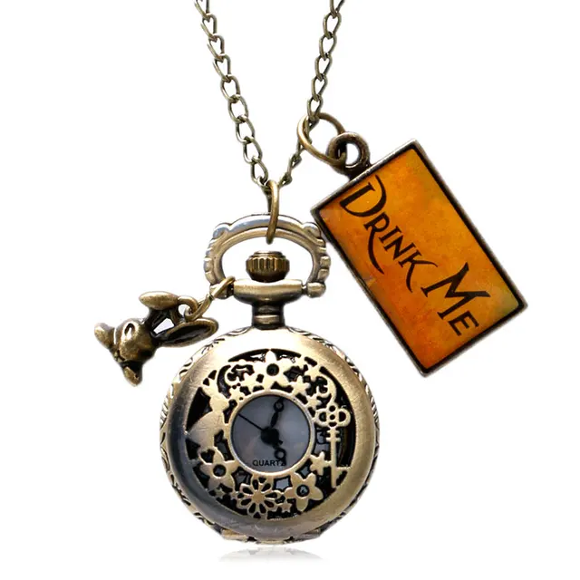 New Vintage Drink Me Alice In Wonderland Pocket Watch Necklace Watch