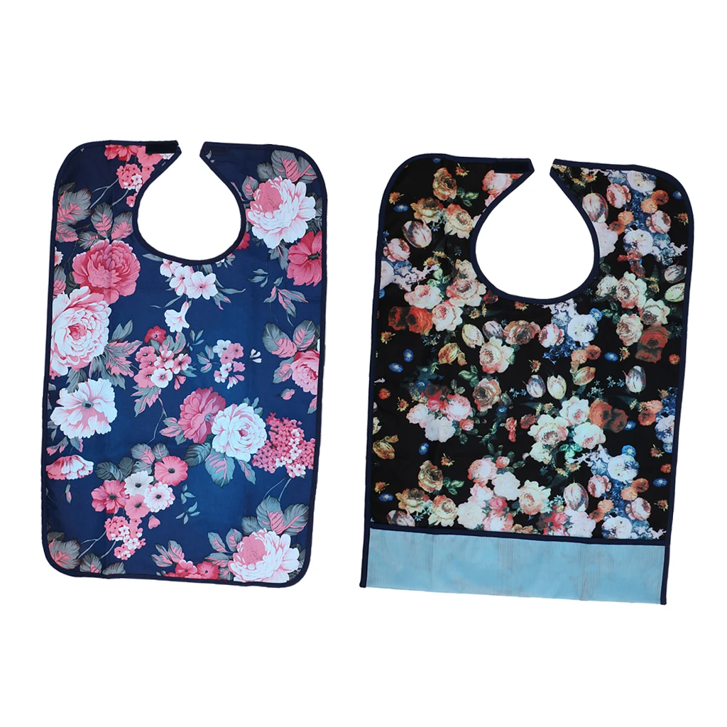 2pcs Reusable Waterproof Eating Bib Adult Mealtime Clothing Protector Disability Dining Patient Aid Apron with Pocket