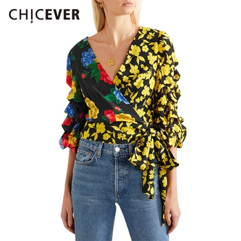 

CHICEVER Print Hem Asymmetrical Blouse For Women V Neck Lantern Sleeve Bandages Bow Shirt Female Fashion New Korean 2020 Autumn