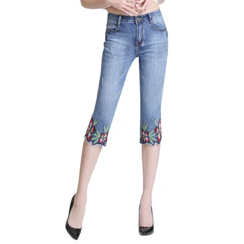 

New Fashion Women Slim Jeans Casual Roses Embroidery Pencil Pants Female Short Trousers For Ladies