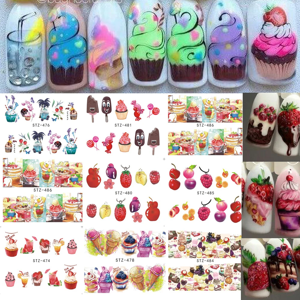 

18pcs Cake/Ice Cream/fruit DIY Design Fashion Water Transfer Sticker Nail Art Decals Manicure Styling Tools