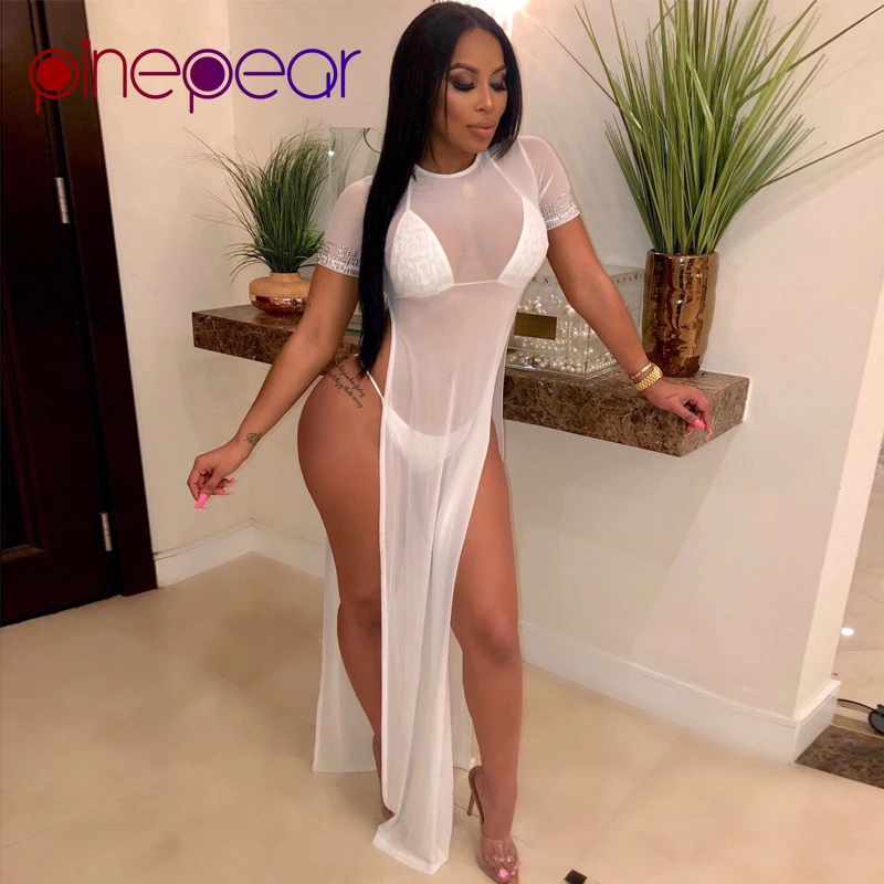 

PinePear Diamond Biquini + Mesh High Split Dress 3 Piece Set Women 2019 Summer Rhinestone Bathing Suit Beach Wear Dropshipping