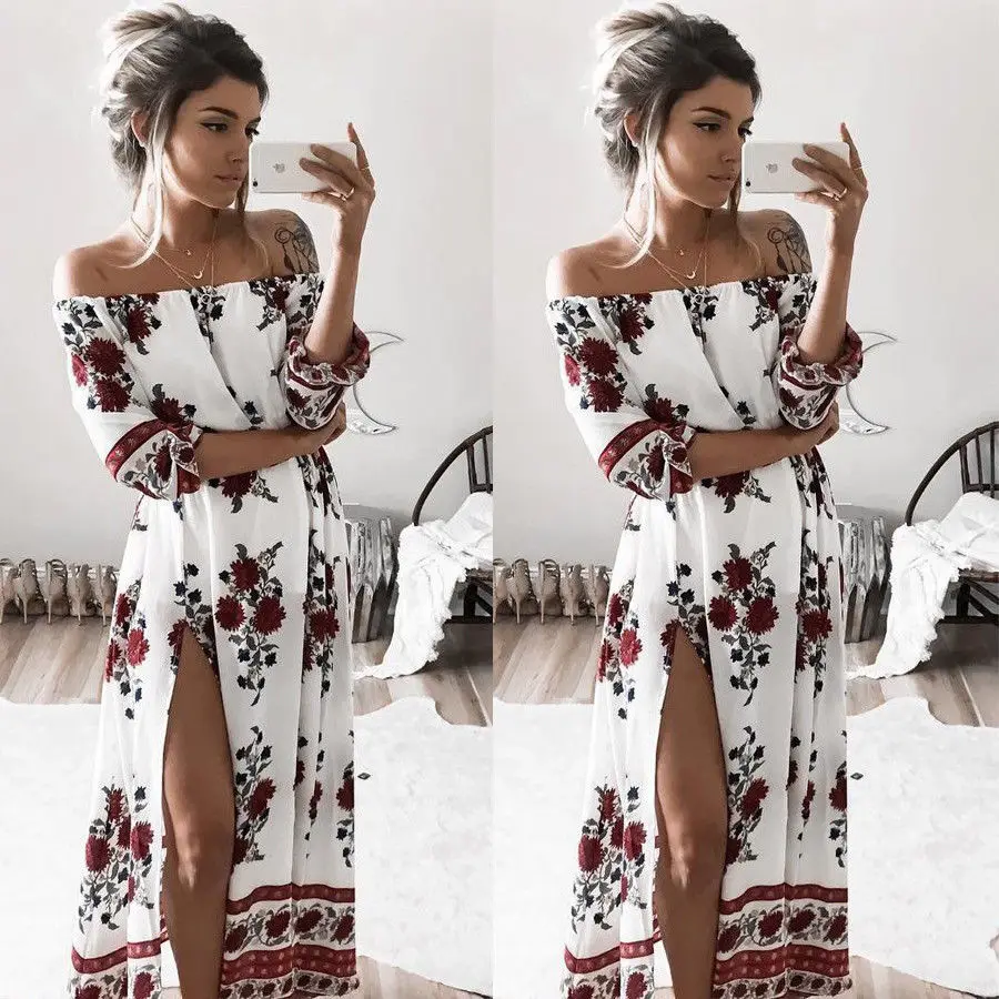 US $11.11 11% OFFFrauen Damen Kleidung Kleid Chiffon Floral Langarm Party Blume Beiläufige Lange Maxi Kleider Frauen Sommer Sommerkleidsummer