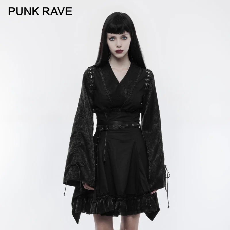 

PUNK RAVE Punk Retro Japanese Fitted Kimono Women Shirt V Neck Jacquard Adjustable Tether Draw String Long Sleeves Black Blouses
