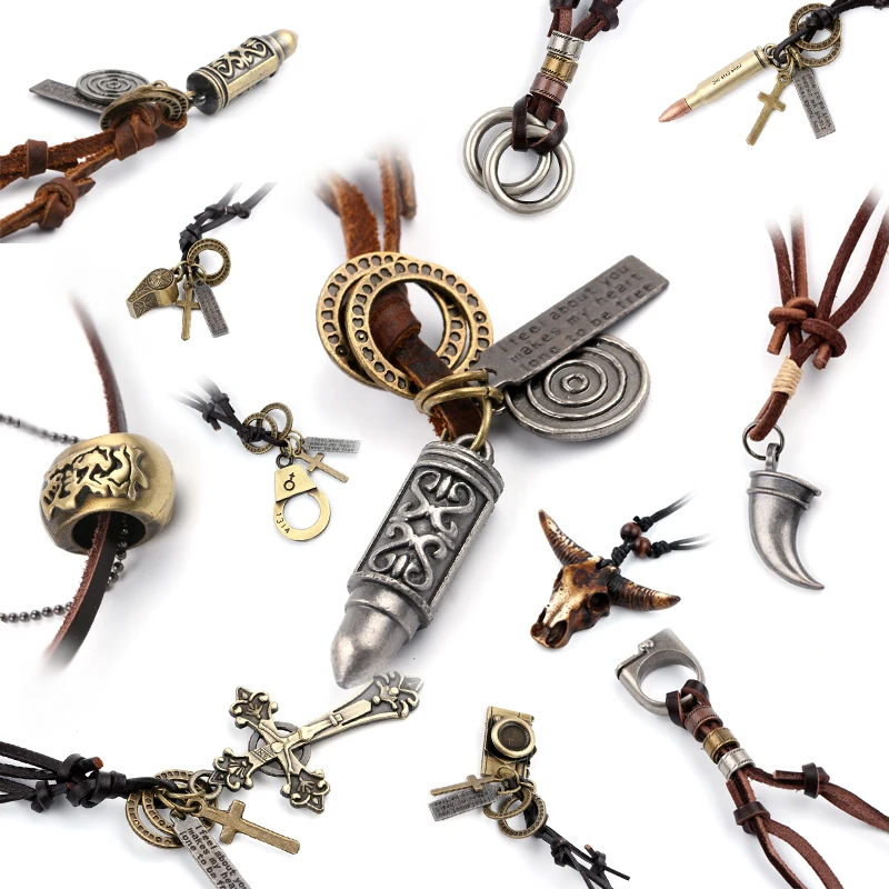 

20 Types Cool Handmade Goat Head Whistle Handcuff Fire bullet camera jesus cross Spoon Wolf's Fang Lighter Rope Circle Pendant