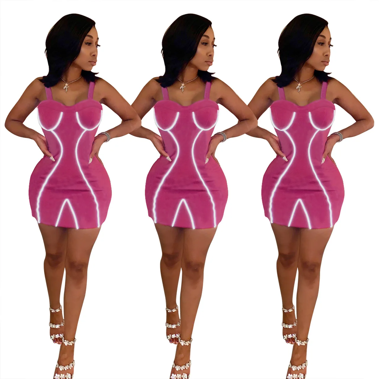 

Fashion Neon Reflective Strip Bodycon Dress Women 2019 Summer Club Party Dresses Ladies Sexy Spaghetti Strap Mini Bandage Dress
