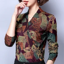 Корейский женский зимний принт с бабочкой тонкий сексуальный v-образный вырез Офисная Леди плюс бархатные толстые теплые рубашки женские элегантные большие футболки