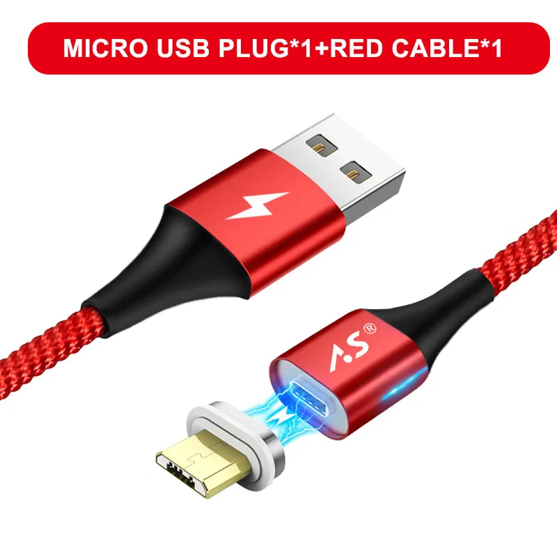 A.S светодиодный магнитный USB кабель для iPhone Micro USB кабель USB C магнит быстрое зарядное устройство нейлоновый кабель для передачи данных для samsung Xiaomi huawei - Цвет: Red for Micro