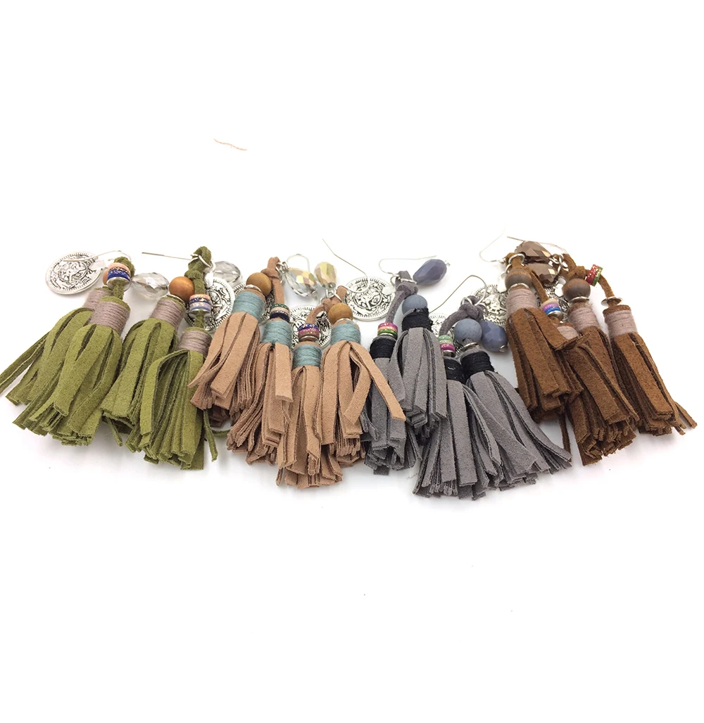 New Leather Tassel Dangle Earrings Bohemia Boho Beaded Earrings Vintage Coin Charms Exotic Chandelier Earrings