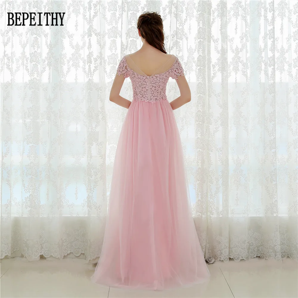 02  BEPEITHY Vestido De Festa Short Sleeves Pink Chiffon Long Prom Dresses Mermaid Evening Dress Party Elegant 2017 (10)