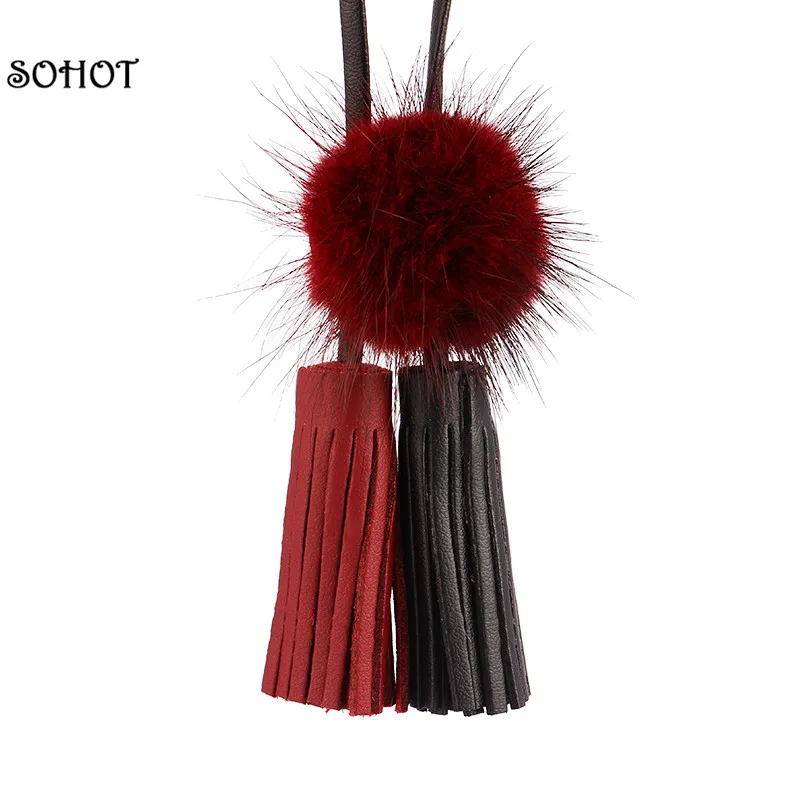 

SOHOT New Hot Leather Tassel Necklace Fashion Mink Fur Long Long Leather Rope Pendants Necklaces for Women