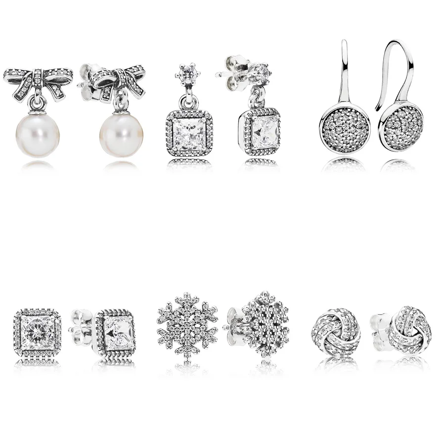 

6 Style 925 Sterling Silver Earrings Snowflake Pearl Bowknot with Full Crystal Studs Earring for Women Jewelry