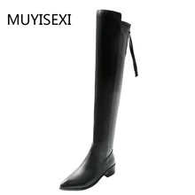 Сапоги до колена; черные сапоги до бедра из натуральной и эластичной искусственной кожи; Сапоги выше колена на молнии с острым носком на низком квадратном каблуке; KT01 muyisxi