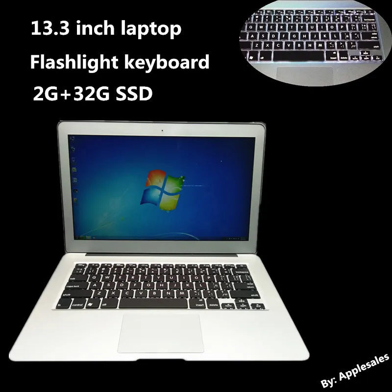 Free Shipping 13.3 Inch Ultrabook Laptop Aluminum Metal Case Dual core 1.4Ghz 2GB/ 32GB SSD 7000mAh USB3.0 Flashlight keyboard