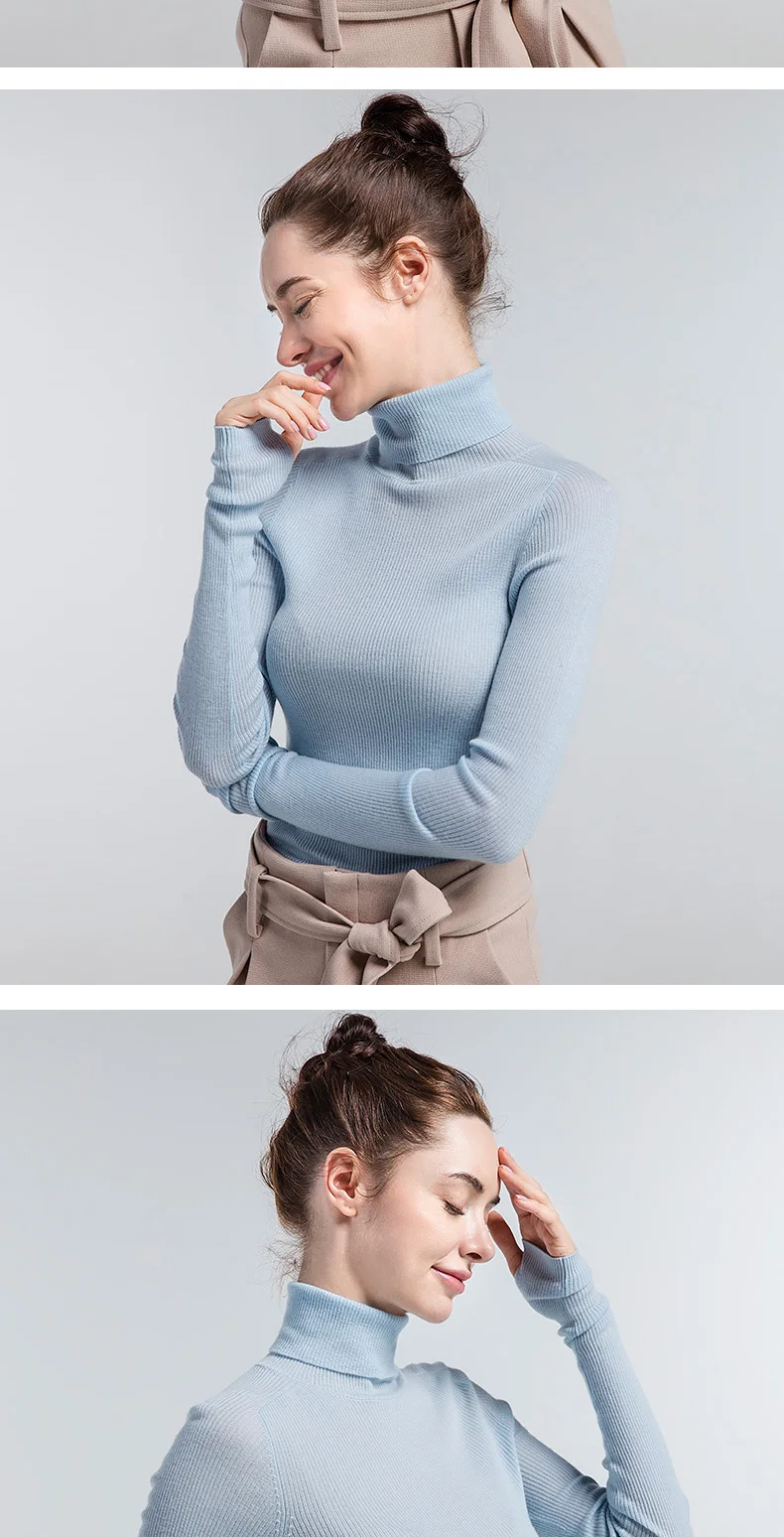 Women Wool Pullover 100%Wool Sweater For Women Turtleneck Rib Knits Fall Winter Bottoming Sweaters