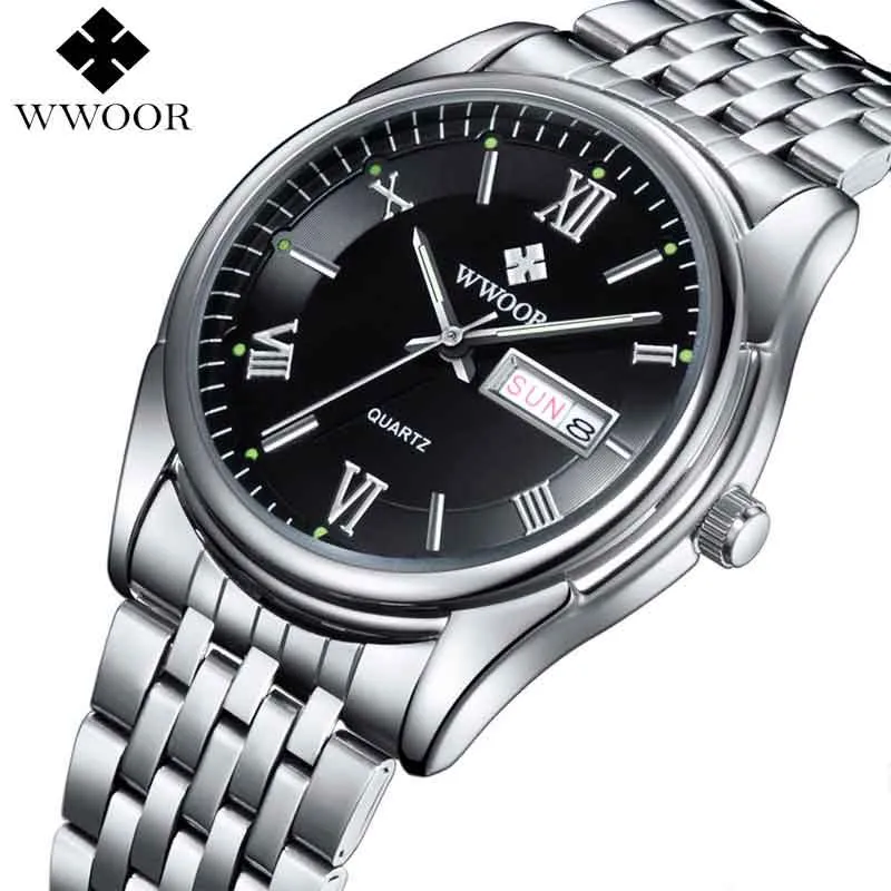 

WWOOR 2019 Mens Watches Top Brand Luxury Business Men's Sport Black Wrist Watches Date Stainless Steel Clock Men reloj hombre