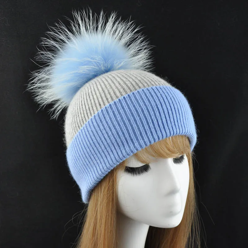 Women Real Fur Pom Pom Hat Female Autumn Winter Wool Knitted Beanies