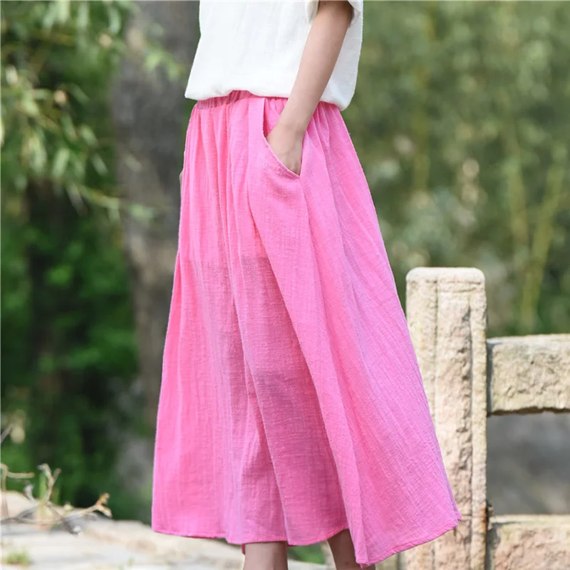 

Solid Pink Cotton Linen Elastic waist Women Skirts Loose Casual Cute Summer Skirts Brand Design Kawaii White Blue Skirts B124A