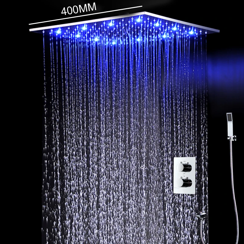 Koop Moderne Badkamer Producten SUS304 Regendouche Set Temperatuursensor LED Douchekop Thermostaat Douchekraan 16 Regenval