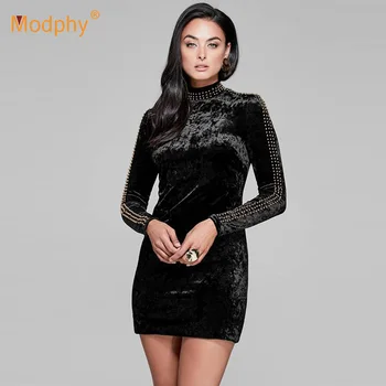 

Modphy Luxury Beaded Velvet Mini Dress 2019 Spring Sexy Black Long Sleeve High-neck Celebrity Party Dress Bodycon Vestidos