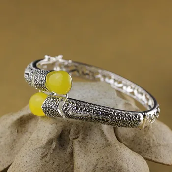 

Genuine Solid 925 Sterling Silver Bangles For Women With Natural Garnet Chalcedony Gemstone Cuff Bracelets Jonc Argent 925