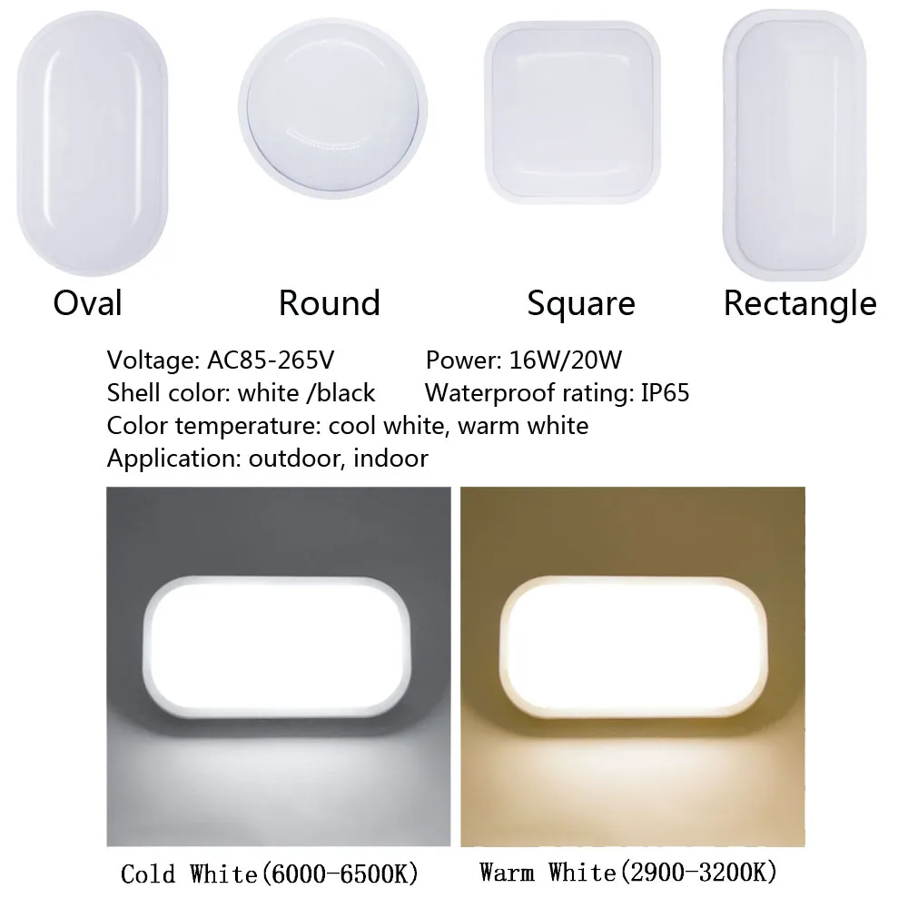 LED Waterproof IP65 LED Porch Lights Surface mounted 16W 20W 110V 220V Outdoor Wall Light Round Oval Bathroom Bulkhead Lamp 5
